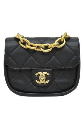 Chanel Shoulder Bag CC Logo Mini Chain Calfskin Black Gold